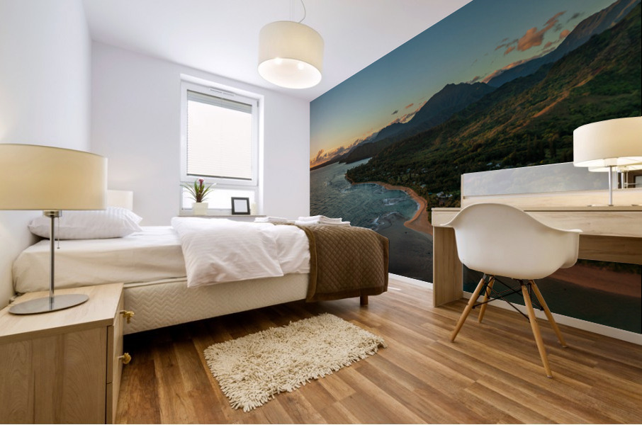 Aerial panorama of sunrise over Tunnels Beach Kauai Hawaii Mural print