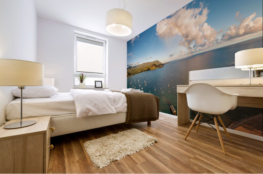 Rainbow over Hanalei bay in panorama across the ocean Mural print