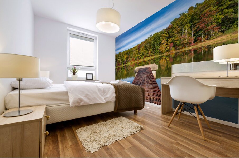 Fall leaves and metal pier in Coopers Rock State Forest in WV Mural print