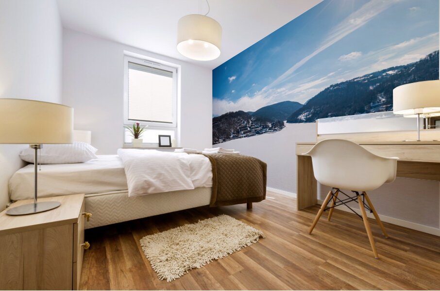 Aerial panorama of the frozen Cheat Lake Morgantown WV looking  Impression murale