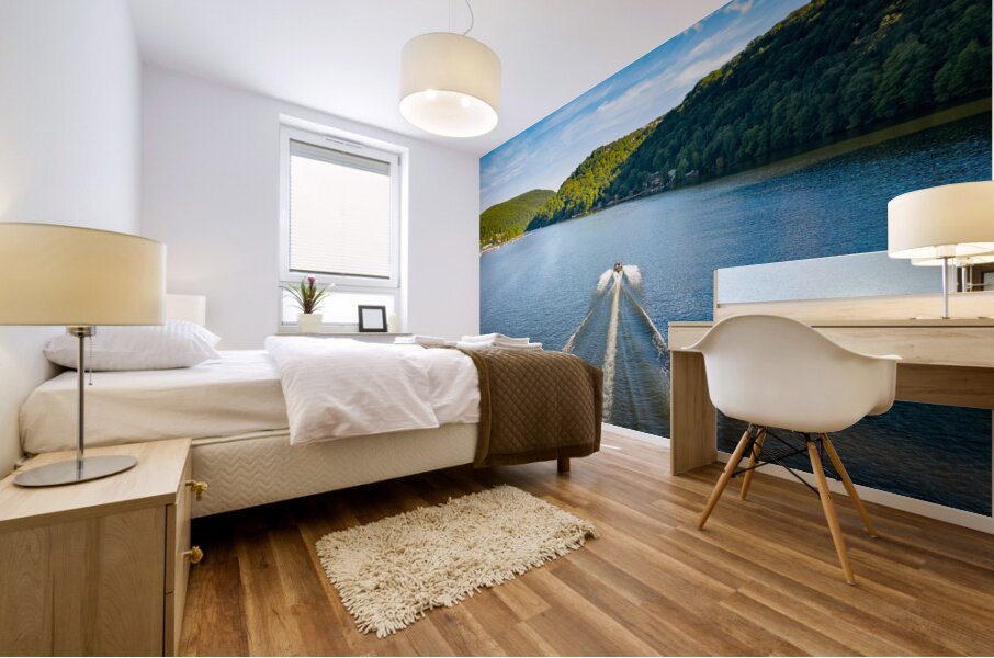 Speedboat on Cheat Lake on a summer evening with boats docked in Mural print