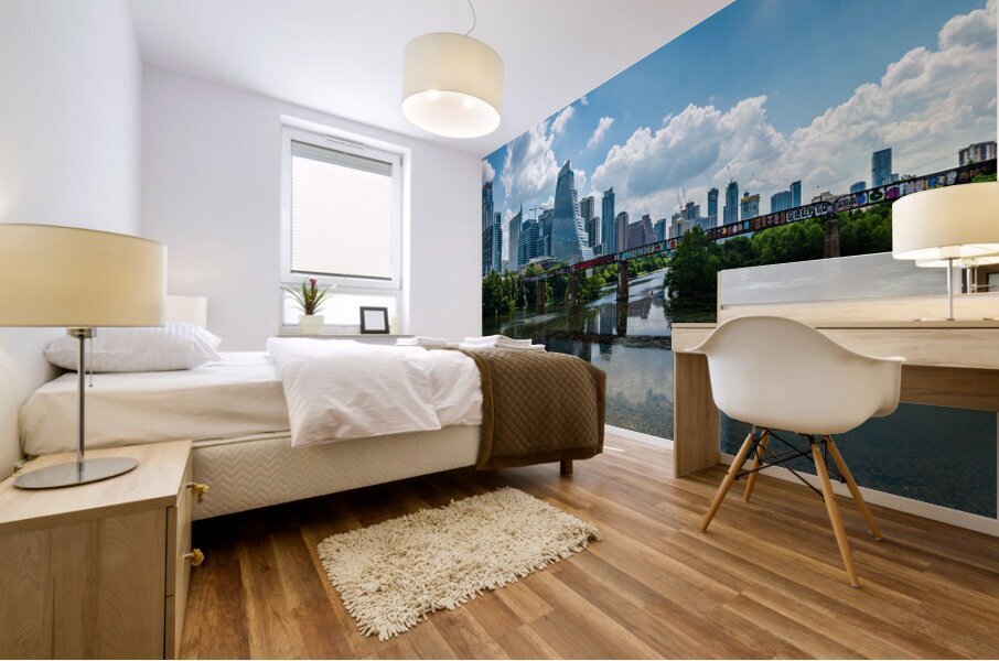 Cityscape of Austin Texas and Mopac railroad bridge by Lady Bird Mural print