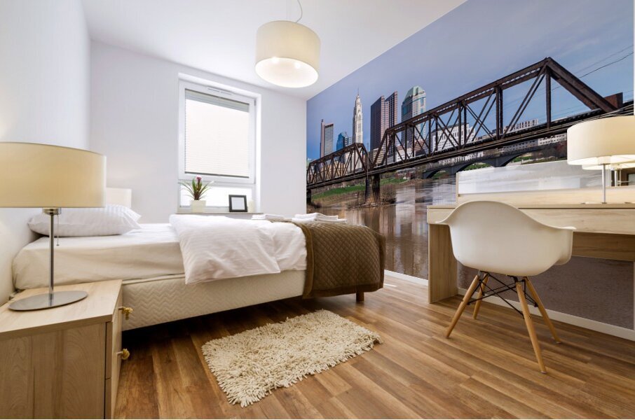 Columbus Ohio waterfront skyline behind railroad truss bridge Mural print