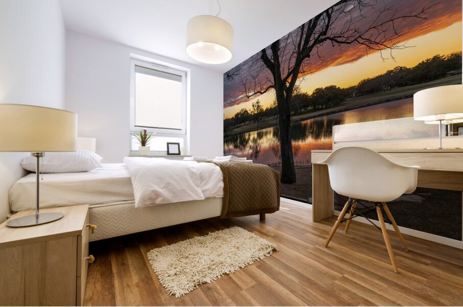 Dramatic sunset over Legacy Hills Park lake and golf course near Impression murale