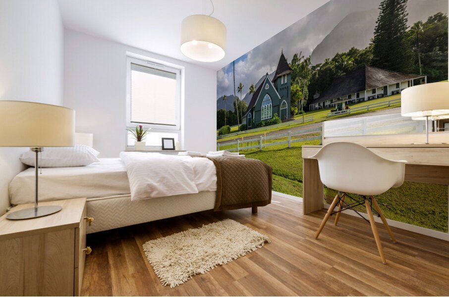 Waioli Huiia Church stands in Hanalei Kauai with the majestic  Mural print