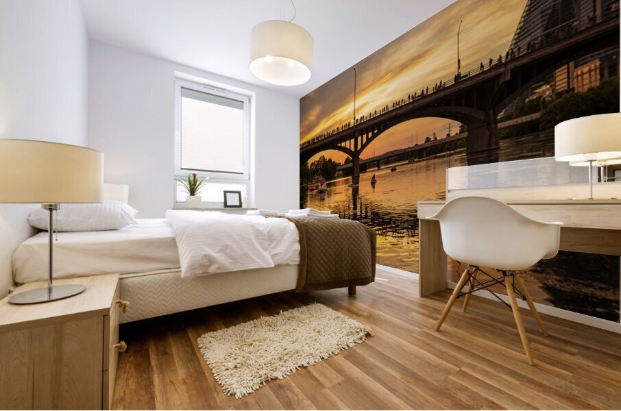 Bat watchers crowd on Congress Avenue bridge waiting for bats Mural print