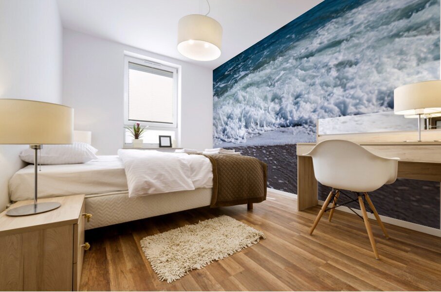 Frozen motion of waves crashing onto a pebble beach on the Isle  Mural print