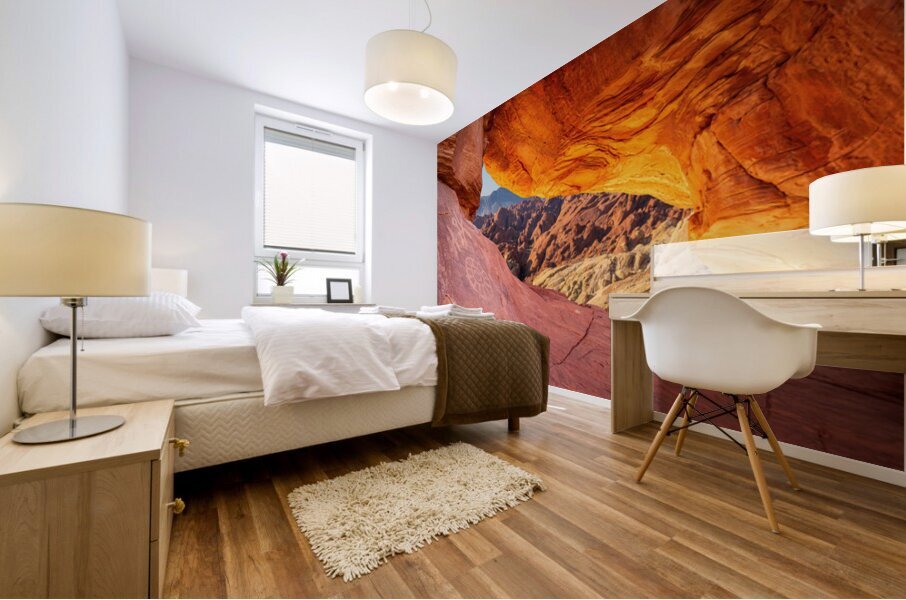 Natural arch on Atlatl Rock with scenic backgound added Mural print