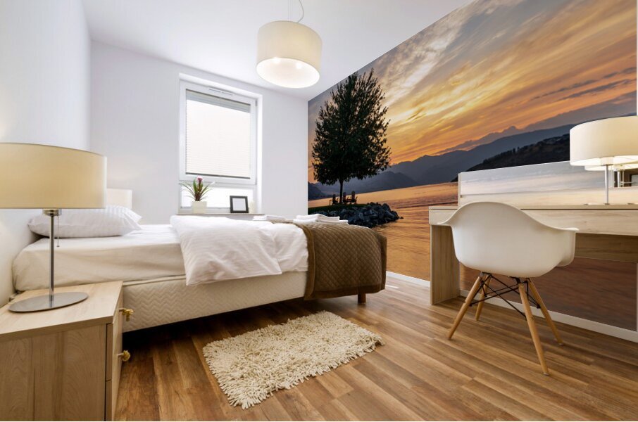 Sunset over Lake Chelan with silhouette of tree and chairs for r Mural print