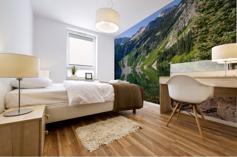 Mirror image reflection of Rainy Lake in North Cascades National Mural print