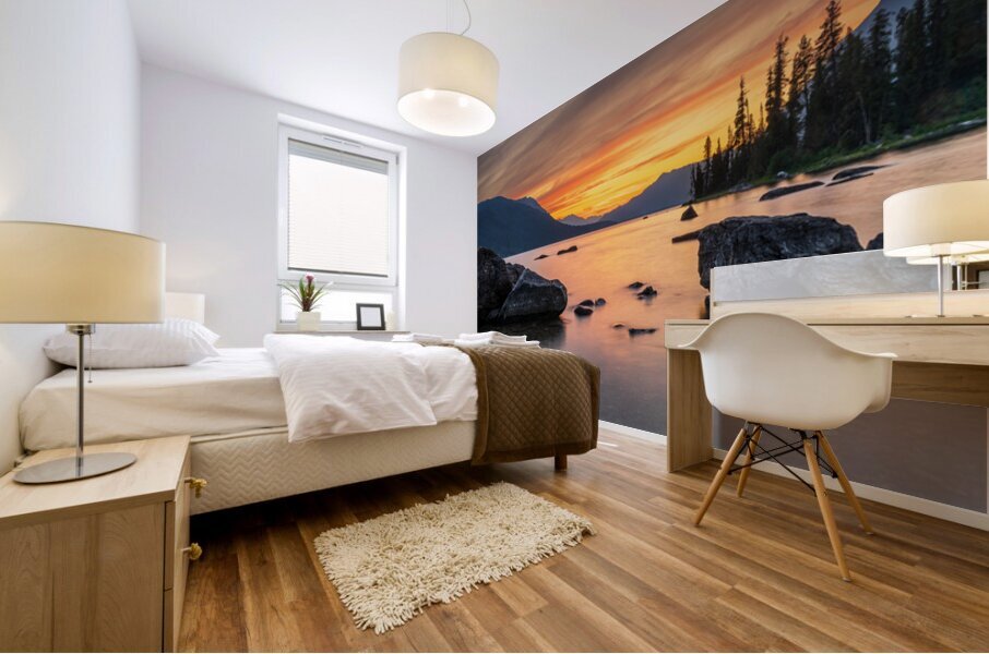 Vibrant sunset over Lake Wenatchee in the Cascade Mountains WA Mural print