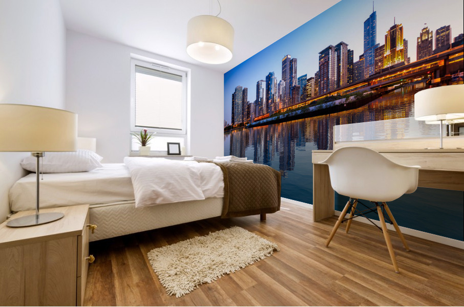 Calm water reflects Chicago Skyline at sunset from Navy Pier Mural print