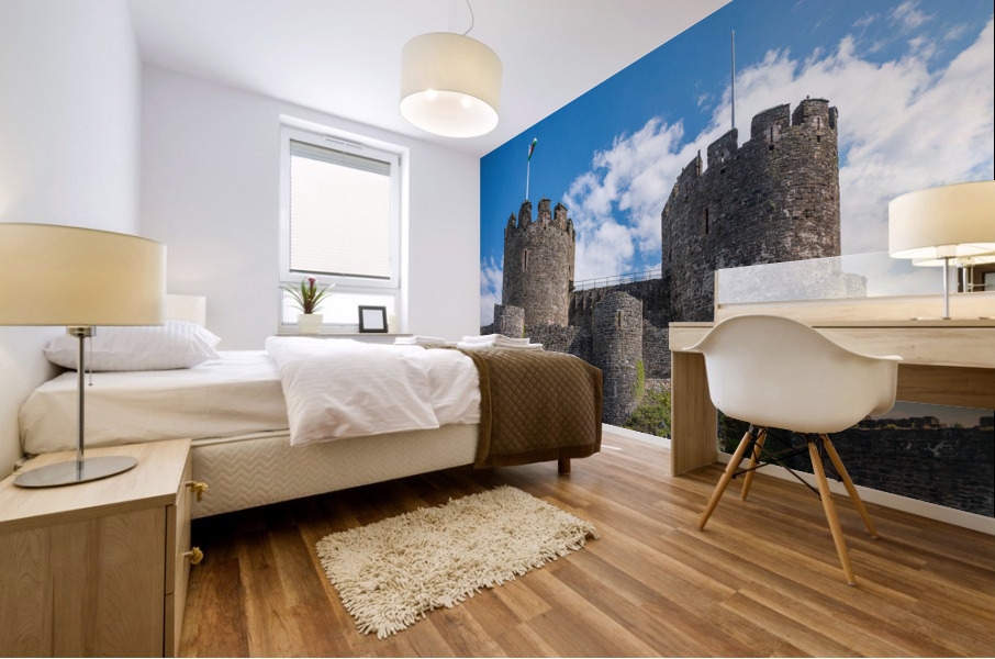Flag flies over the historic Conwy castle in North Wales Mural print