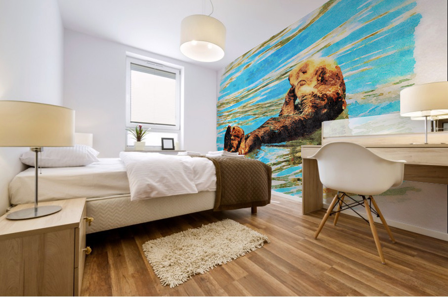Digital watercolor of Sea Otter floating in the sea Impression murale