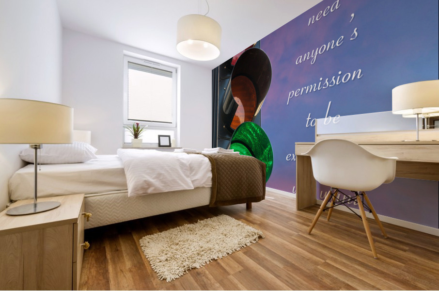 Green light on traffic signal against sunrise as concept Mural print