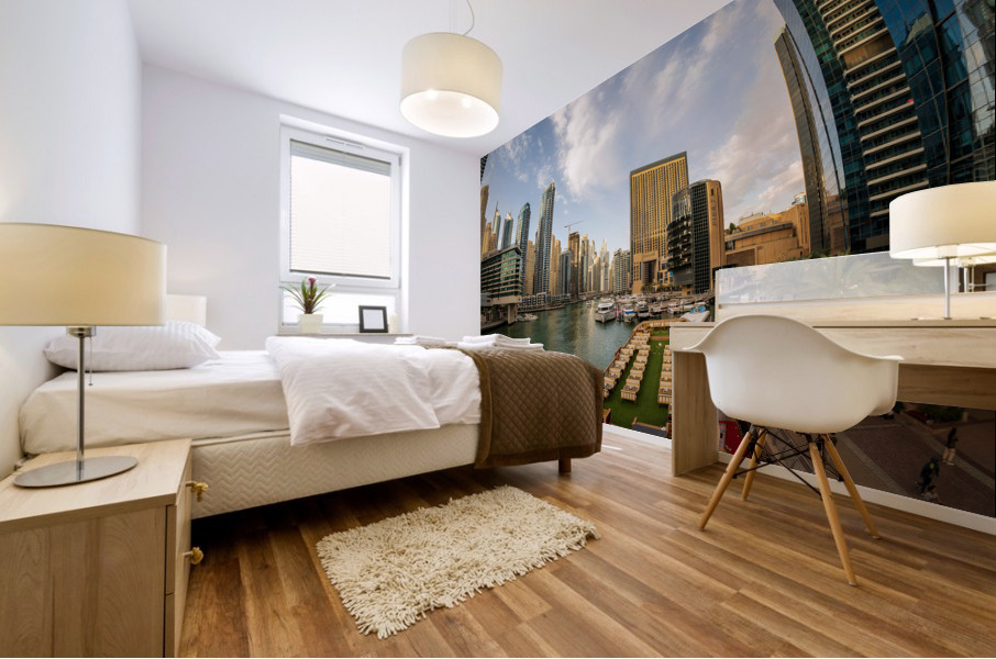 Fisheye view of cruise restaurant docked at Dubai Marina Mural print