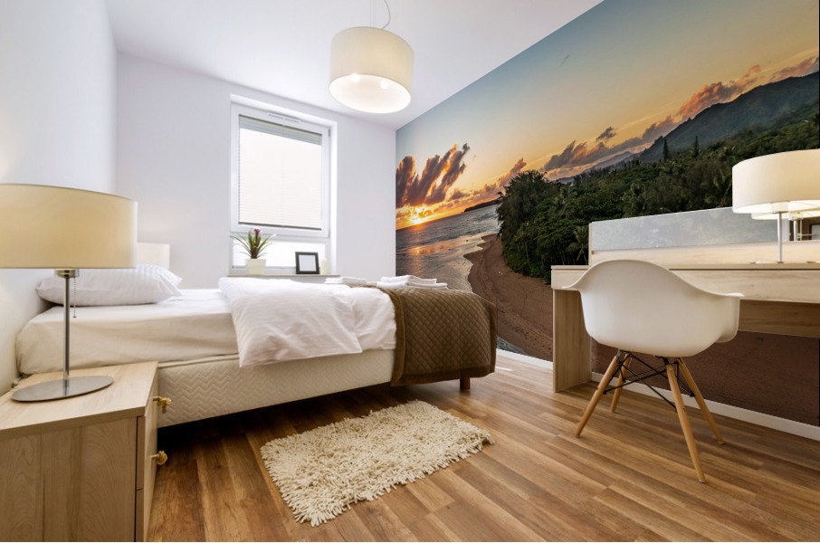 Wide panoramic view of sunrise over Tunnels Beach Kauai Hawaii Mural print