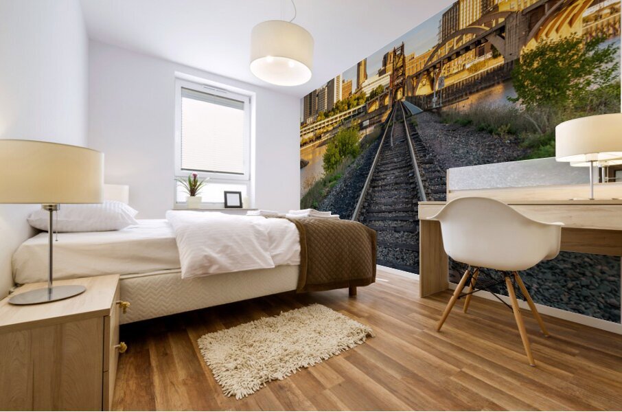 Railroad bridge over Mississippi river at sunrise in St Paul Mural print