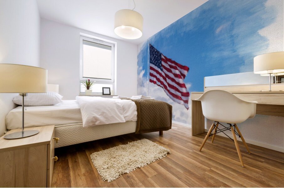Digital art of USA stars and stripes flag against blue sky Mural print