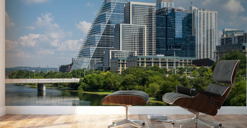 Cityscape of apartments in Austin Texas across Lady Bird Lake Wall Murals