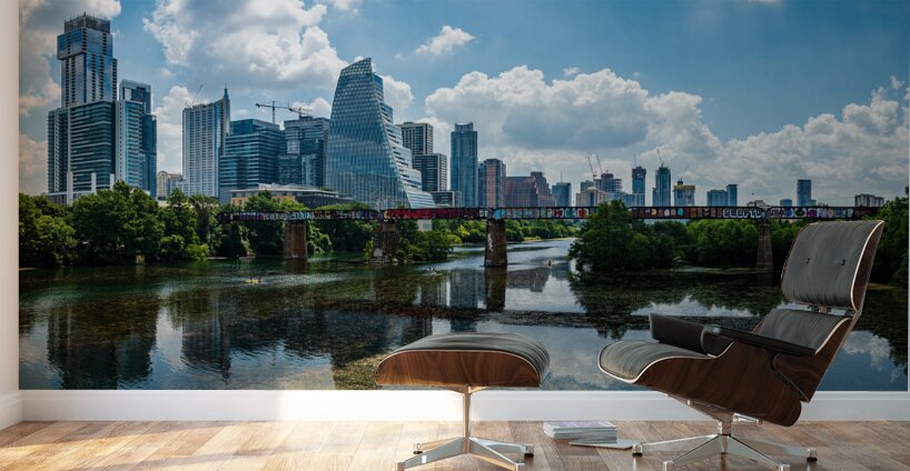 Cityscape of Austin Texas and Mopac railroad bridge by Lady Bird Wall Murals