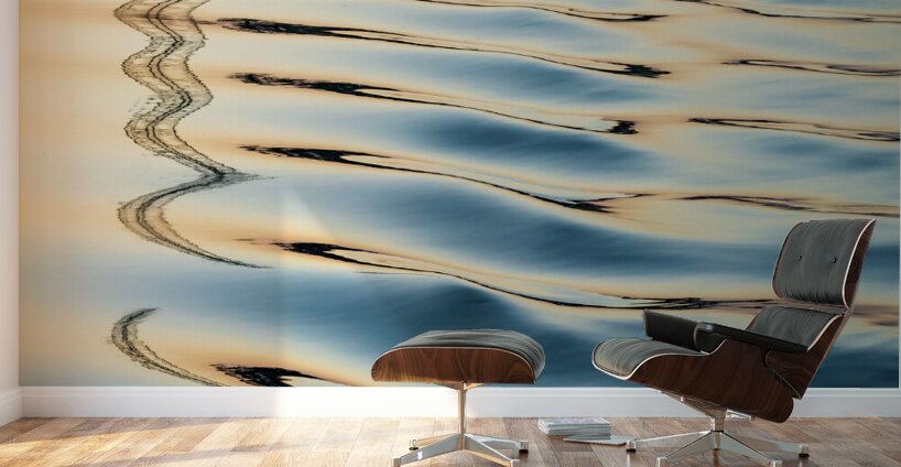 Reflections of electricity pylon at sunset in gentle river rippl Wall Murals