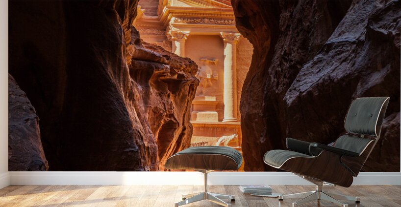 Petra Treasury building facade seen through narrow gorge Wall Murals