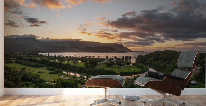 Panorama view of sunset over Hanalei Bay Kauai Wall Murals