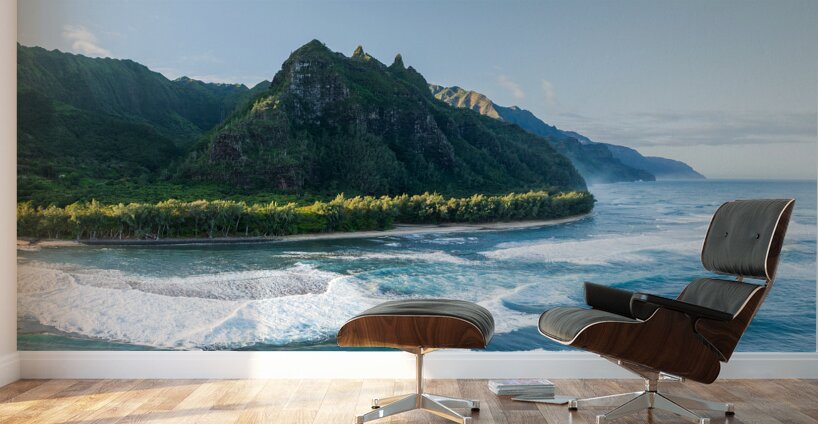 View along Haena beach towards Kee Beach and Na Pali coastline Wall Murals