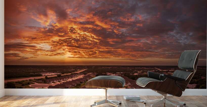 Dramatic sunset seen from drone over Georgetown Texas residentia Wall Murals