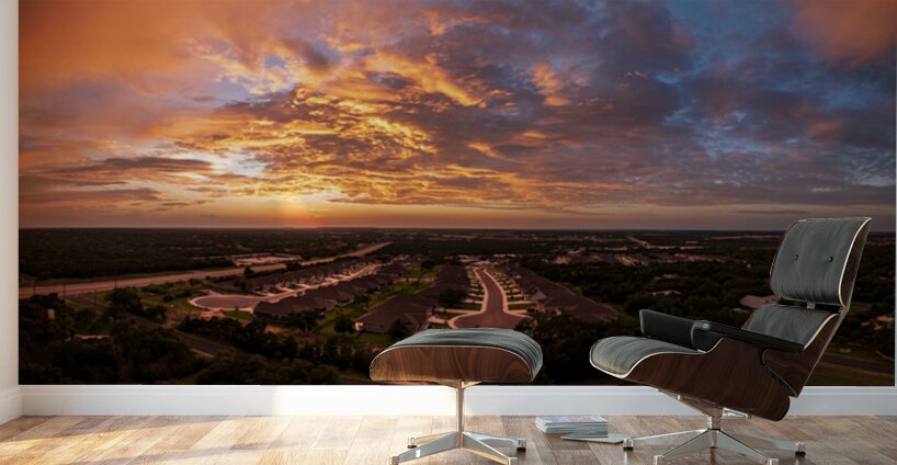 Dramatic sunset seen from drone over Georgetown Texas residentia Wall Murals