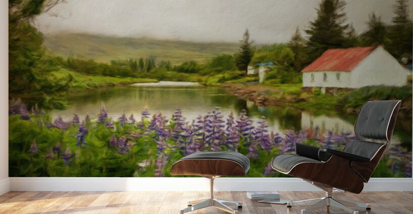 Peaceful scene in Seydisfjordur of river flowing from misty moun Wall Murals