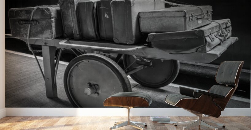 Historic antique luggage cart with retro leather suitcases and t Wall Murals