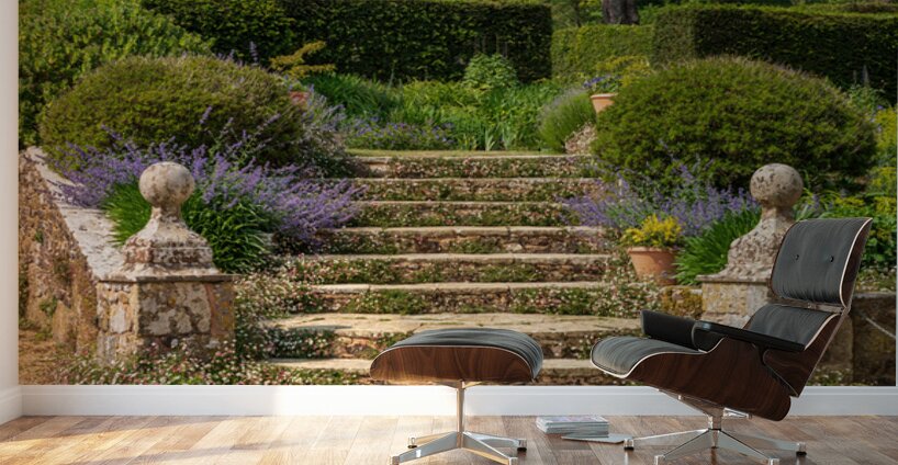 Stone steps into a hedged flower garden on the Isle of Wight Wall Murals