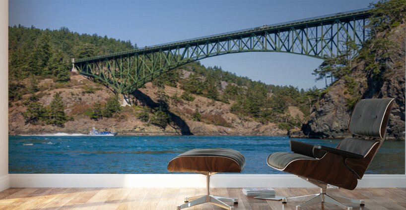 Island Whaler tour sails on Deception Pass under historic cantil Wall Murals