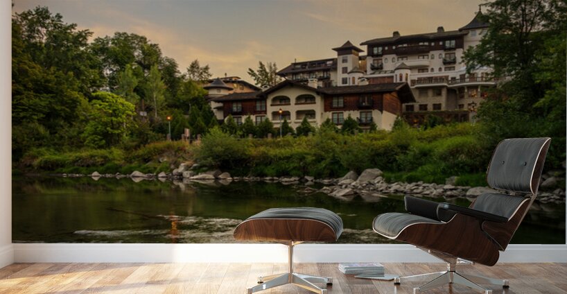 Hotel at dawn by River Wenatchee in Alpine German town of Leaven Wall Murals