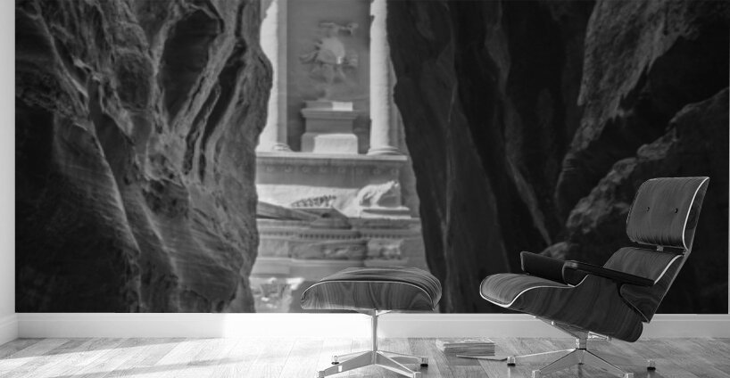 Monochrome Petra Treasury building facade seen through narrow go Wall Murals