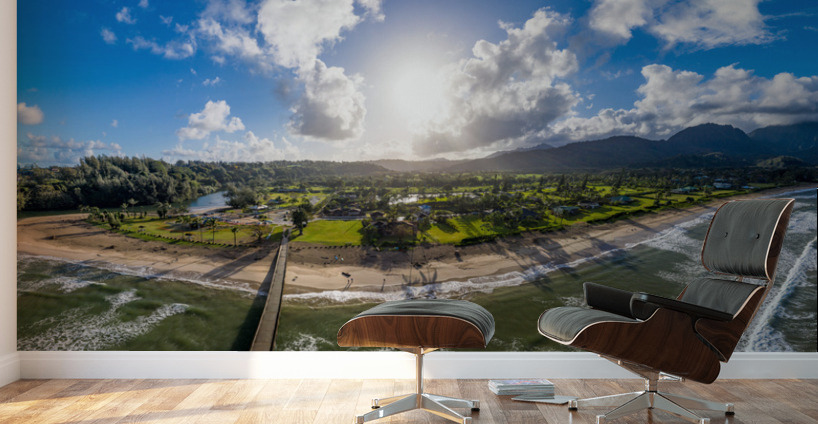 Aerial drone shot of Hanalei bay from over the pier Wall Murals