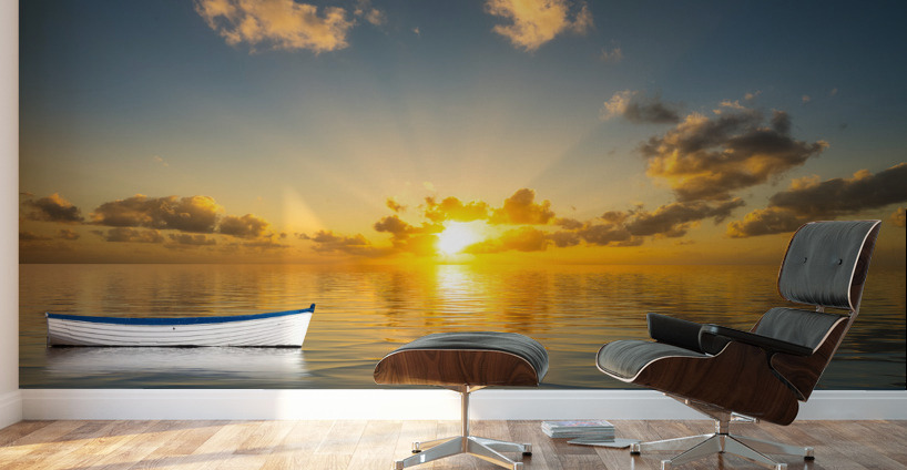 White rowing boat adrift on open ocean drifting to sunset Wall Murals