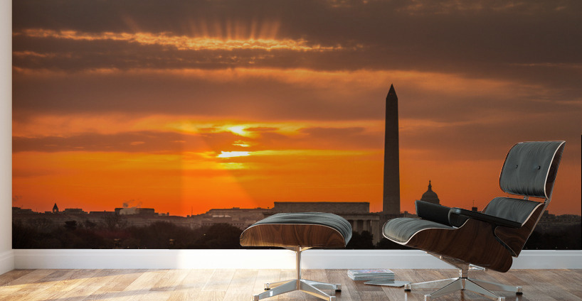 Fiery sunrise over monuments of Washington Wall Murals