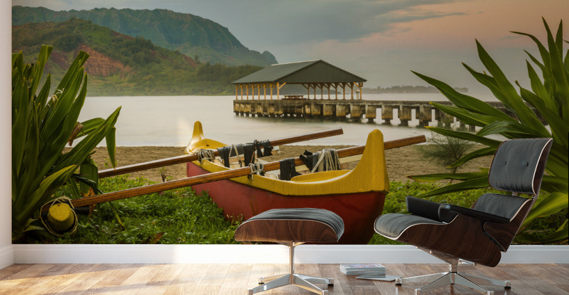 Hawaiian canoe by Hanalei Pier Wall Murals