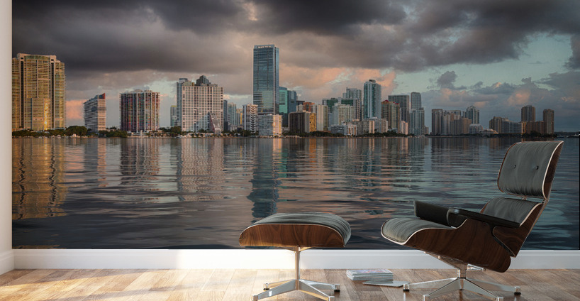 Dawn view of Miami Skyline reflected in water Wall Murals