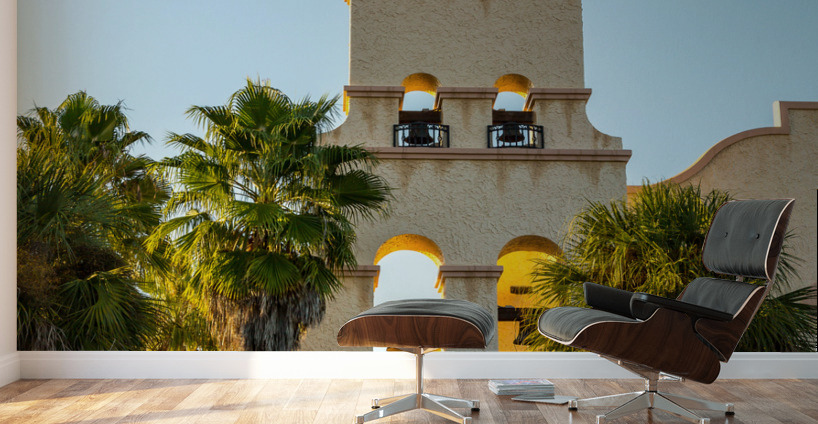 Spanish mission style church tower at sunset Wall Murals