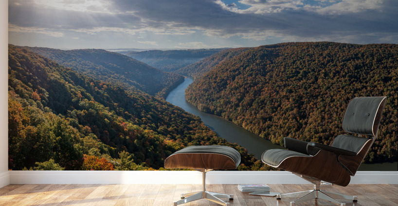 Dramatic sunrise over Cheat River in West Virginia with fall colors Wall Murals