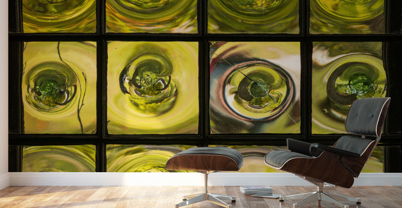 Window of old crown glass panes reflected garden Wall Murals