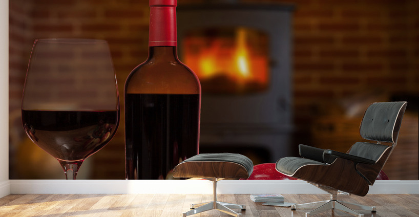 Red wine bottle and fruit with glass Wall Murals