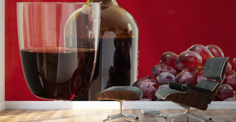 Red wine bottle and fruit with glass Wall Murals