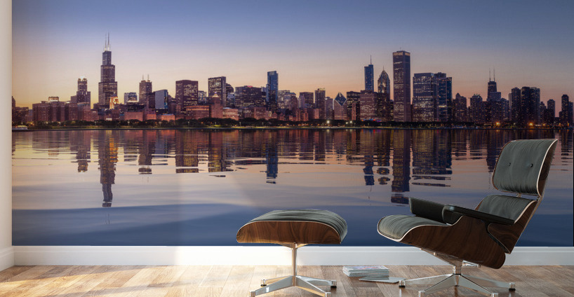 Sunset over city skyline Chicago from Observatory Wall Murals