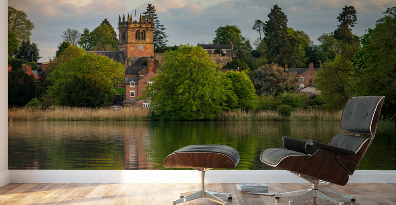 View across the Mere to the town of Ellesmere in Shropshire Wall Murals