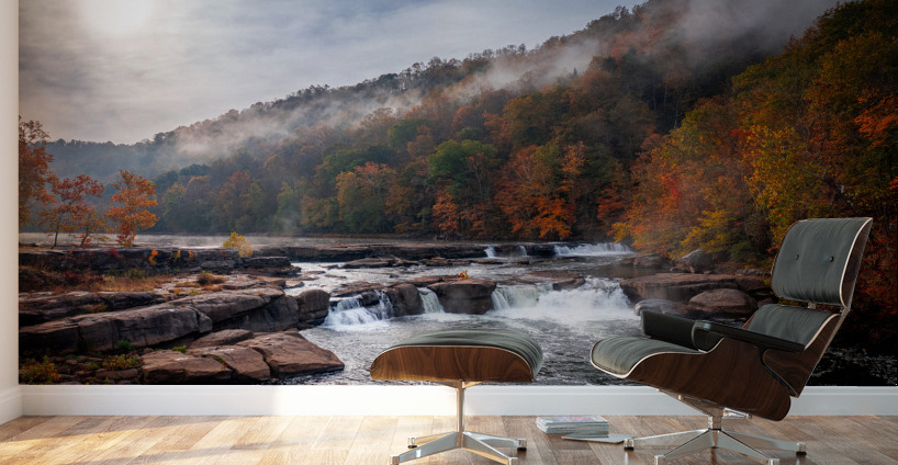 Sun rising over Valley Falls on a misty autumn day Wall Murals